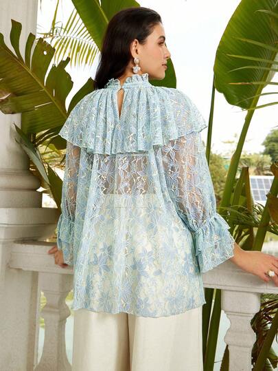 VOLUPTÉ CURVE 大码蓝色蕾丝荷叶边薄纱衬衫