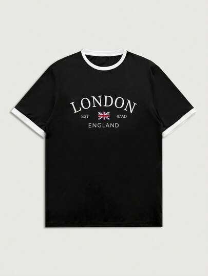 Courvante 标准尺码男士撞色滚边字母和国旗印花黑色短袖T恤 Tenniscore Preppy