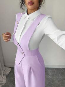 Elenzga 女士粉色竹纤维材质，正面珍珠纽扣设计，优雅教师制服，专业休闲时尚连体裤，适合感恩节、万圣节等场合穿着，百搭宽松飘逸阔腿连体裤 - 紫色 - 查看 5