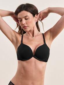 DesireSculpt Black Contrast Lace Push Up Bra For Women With Slight Stretch Fabric - Black - View 3