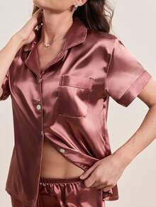 缎面翻领纽扣前部撞色绑带睡衣套装 - 鏽棕色 - 查看 9