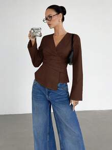 Siren Gaze Women's Solid Color Long Sleeve Pleated Asymmetric Hem Fashion Blouse - Coffee Brown - View 5