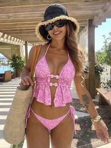 Bonvoyette Summer Vacation Sexy Backless Ruffle Beaded Halter Neck Padded Triangle Top And Bottoms Tankini Set - Multicolor - View 1