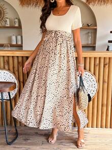 SHEIN Maternity Ditsy Floral Square Neck Short Sleeve Casual Dress - Khaki - View 7