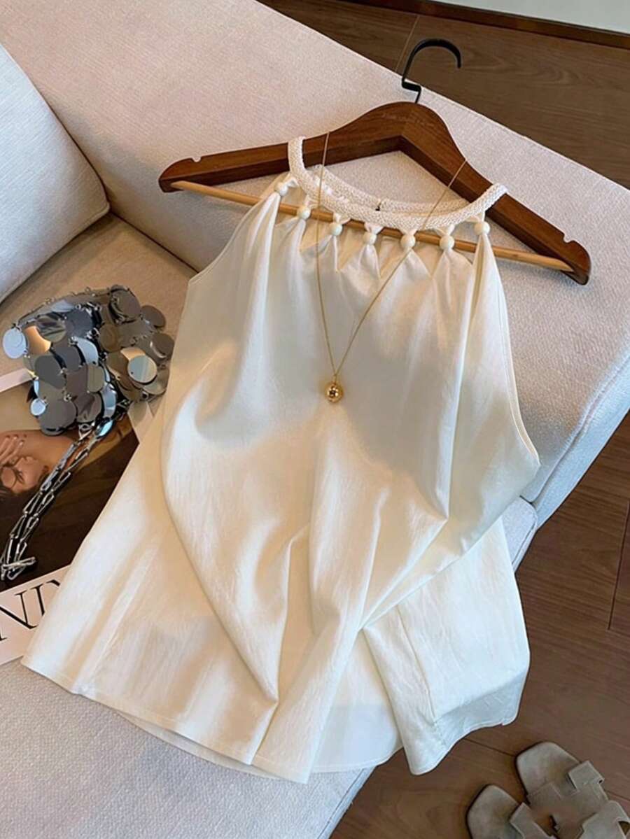 GlowEve Summer Versatile Vacation Casual Beaded Lace Trim Halter Neck Sleeveless Top - Apricot - View 1