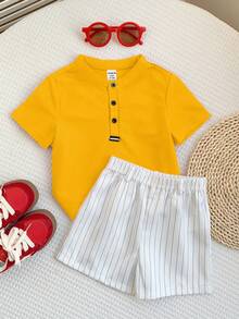 SHEIN 2pcs Baby Boy Summer Casual Red Collar Polo Shirt And White Striped Shorts Set, Suitable For Birthday Party, Rave, Evening Party, Performance, Wedding, Baby Shower And 1st Birthday Celebration - Yellow - View 5