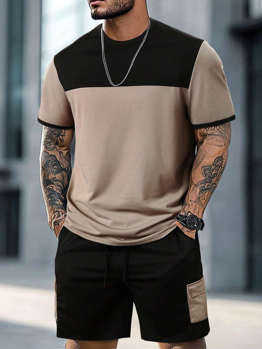 Manfinity Homme Men's Color Block Round Neck Short Sleeve T-Shirt And Pocket Shorts Casual Daily Outfit - Multicolor - View 1