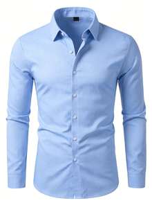 Manfinity Bizformal Camisa de vestir de manga larga con tela estampada para hombre, camisa de vestir azul de negocios casuales, camisa de vestir ajustada de negocios casuales para hombre - Celeste - Ver 4