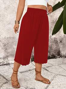 SHEIN PETITE CURVE 大码女式休闲抽绳腰针织七分裤 - 紅色 - 查看 4