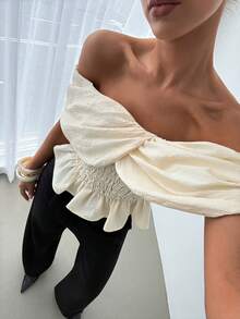 Siren Gaze Women Off Shoulder Twist Front Smocked Ruffle Hem Crop Top, Elegant Blouse, White Shirt, Ruffle Top, Office Wear, Summer, Linen Fitted Blouse, Shawl Style Top With Pleated Bust And Ruffle Hem, Casual Vacation Wear - Apricot - View 7