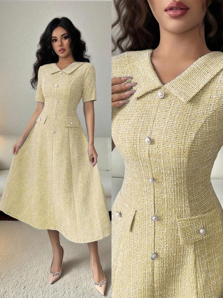 Elenzga Đầm công sở thanh lịch dành cho nữ, có phần eo thắt gọn. - Màu vàng - Xem 1