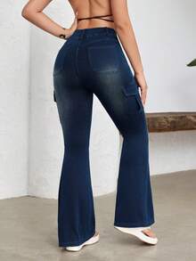 Flexra 女士高腰工装口袋喇叭裤 - 藍色 - 查看 2