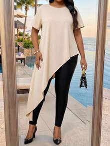 SHEIN Lady 大码女装夏季休闲日常通勤简约纯色短袖不对称下摆宽松上衣 白色毕业季春季休闲情人节夏季春夏优雅度假夏季休闲不对称上衣大码不对称衬衫米色上衣奶油色上衣 - 卡其色 - 查看 3