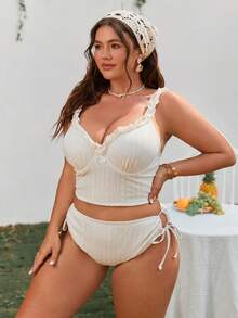 Swim Mod Conjunto de tankini para mujer talla grande, traje de baño con control de barriga, cintura alta y volantes de encaje - Albaricoque - Ver 3