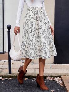 SHEIN LUNE 碎花印花弹力腰荷叶边下摆休闲半身裙波西米亚风半身裙女士夏季穿搭碎花半身裙女裙女装半身裙 - 杏色 - 查看 5