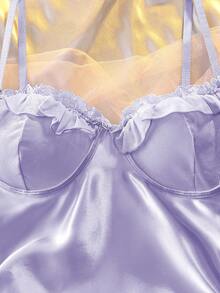 褶皱下摆，褶皱蕾丝拼接，褶皱，褶皱，显瘦，开衩，法式，浪漫女士性感睡裙 - 紫色 - 查看 3