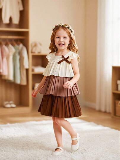 SHEIN 1件女童连衣裙，带蝴蝶结装饰，夏季