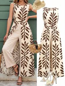 Ellevyn Semester Casual Växttryck Hög Slits Ärmlös Jumpsuit - Aprikos - Visa 2