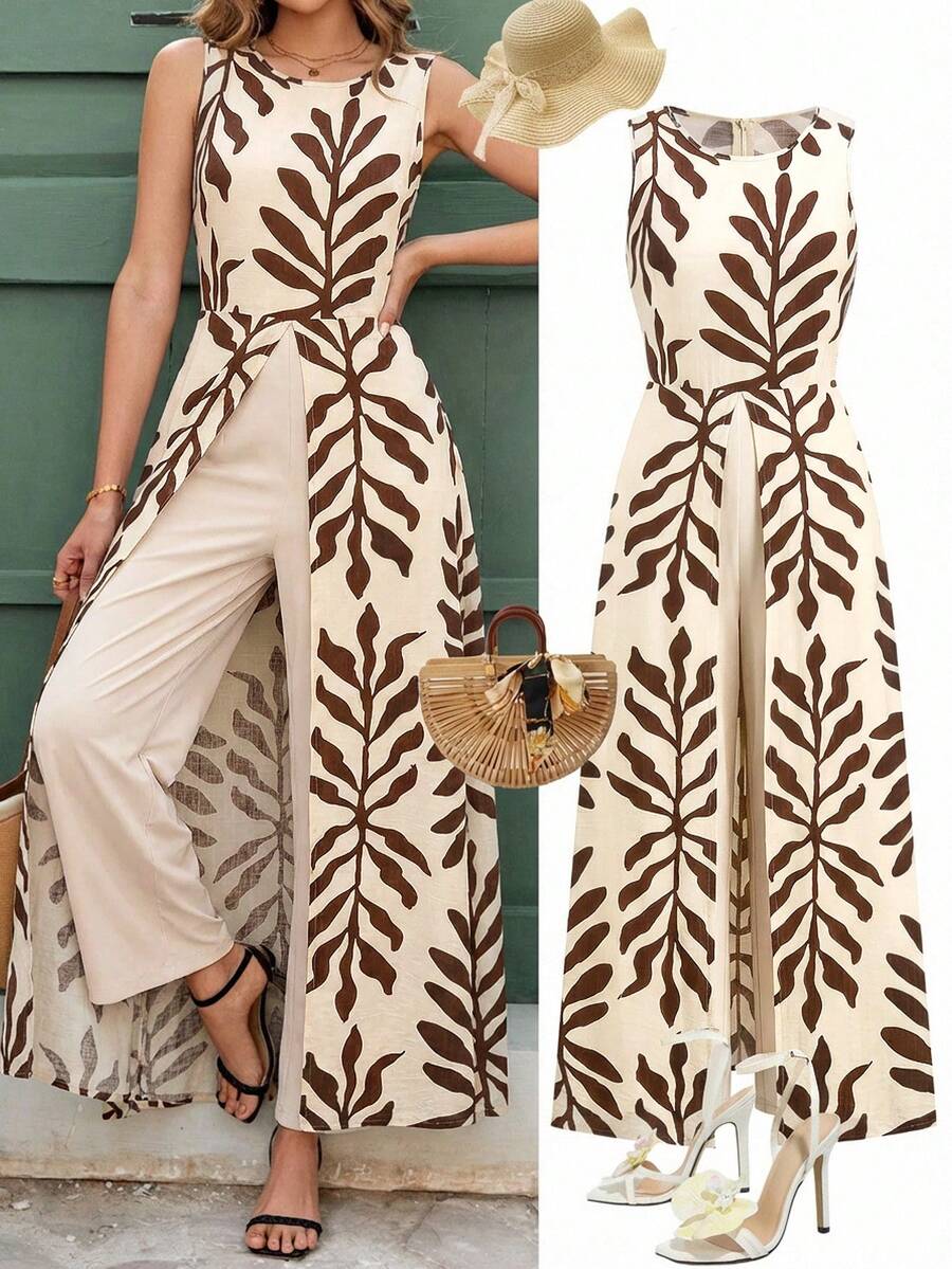 Ellevyn 度假休闲植物印花高开衩无袖连体裤 - 杏色 - 查看 1