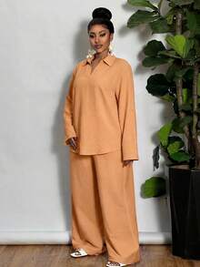 SHEIN CURVE+ Plus Size Women Orange Solid Color Cuffed Sleeves Shirt & Wide Leg Pants 2pcs Casual Suit,Curve Plus Autumn Smart Casual Vacation Beach Outfits - Orange - View 6