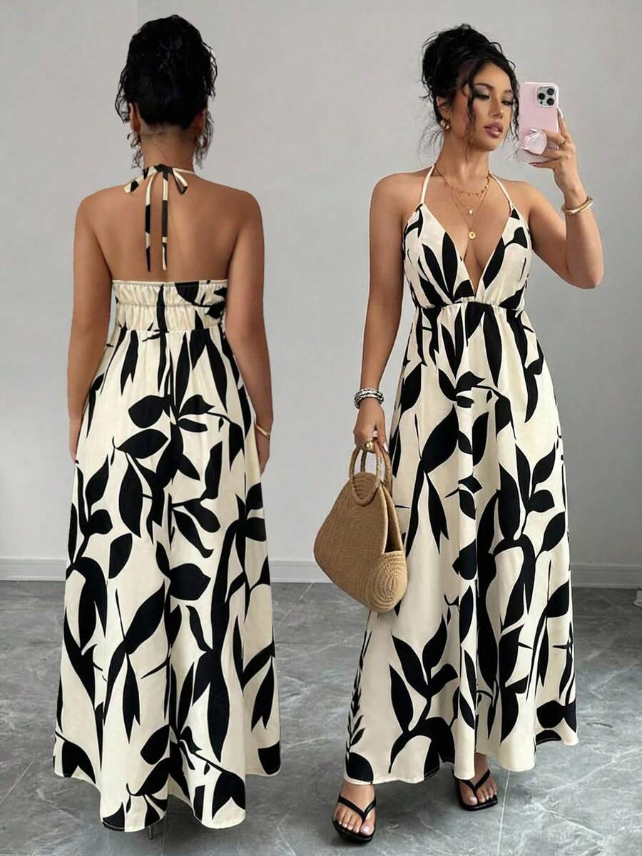 Rafferiza Đầm maxi nữ mùa hè hai dây, màu mơ phối họa tiết lá đen, cổ chữ V sâu, thiết kế thắt eo, chân váy xòe, phong cách nghỉ dưỡng, tôn dáng, đa năng cho công sở và thường ngày, phong cách đường phố gợi cảm. - Nhiều màu - Xem 1