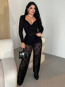 Dayanna Comas 女式 Y2k 性感西式女式低腰蕾丝喇叭裤，优雅时尚 - 黑色 - 查看 3