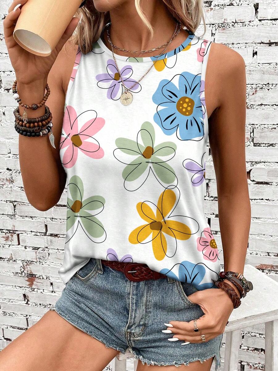 EMERY ROSE Casual Dopamine Flower Print Round Neck Tank Top, Plus Size For Women, Suitable For Summer - Multicolor - View 1