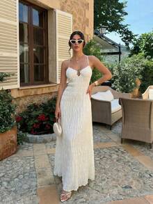 Firerie Women's V-Neck Spaghetti Strap Crinkle Fabric Ivory Sexy Backless Casual Dress ,Summer Dress - Beige - View 6