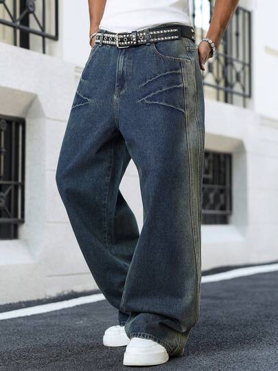 Manfinity EMRG Men's Vintage Washed Blue Loose Casual Jeans