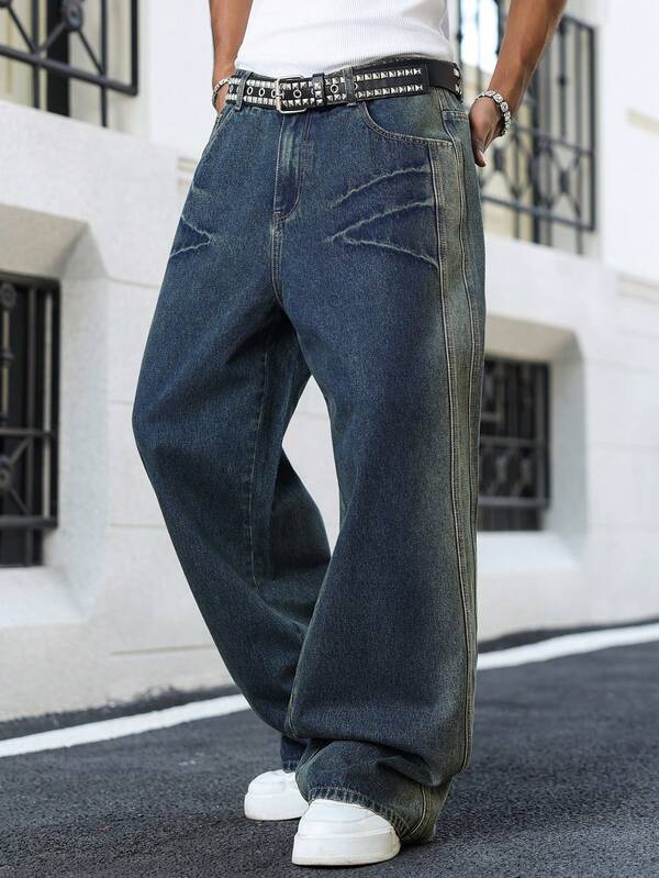 Manfinity EMRG Men's Vintage Washed Blue Loose Casual Jeans