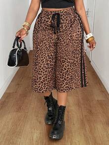 Maweii Plus Size Women's Casual Leopard Print Fabric Elastic Waist Drawstring Bow Decor Wide Leg Pants, Versatile Design For Vacation, Concert, Outing, Party, Date Night, Spring/Summer - Multicolor - View 5