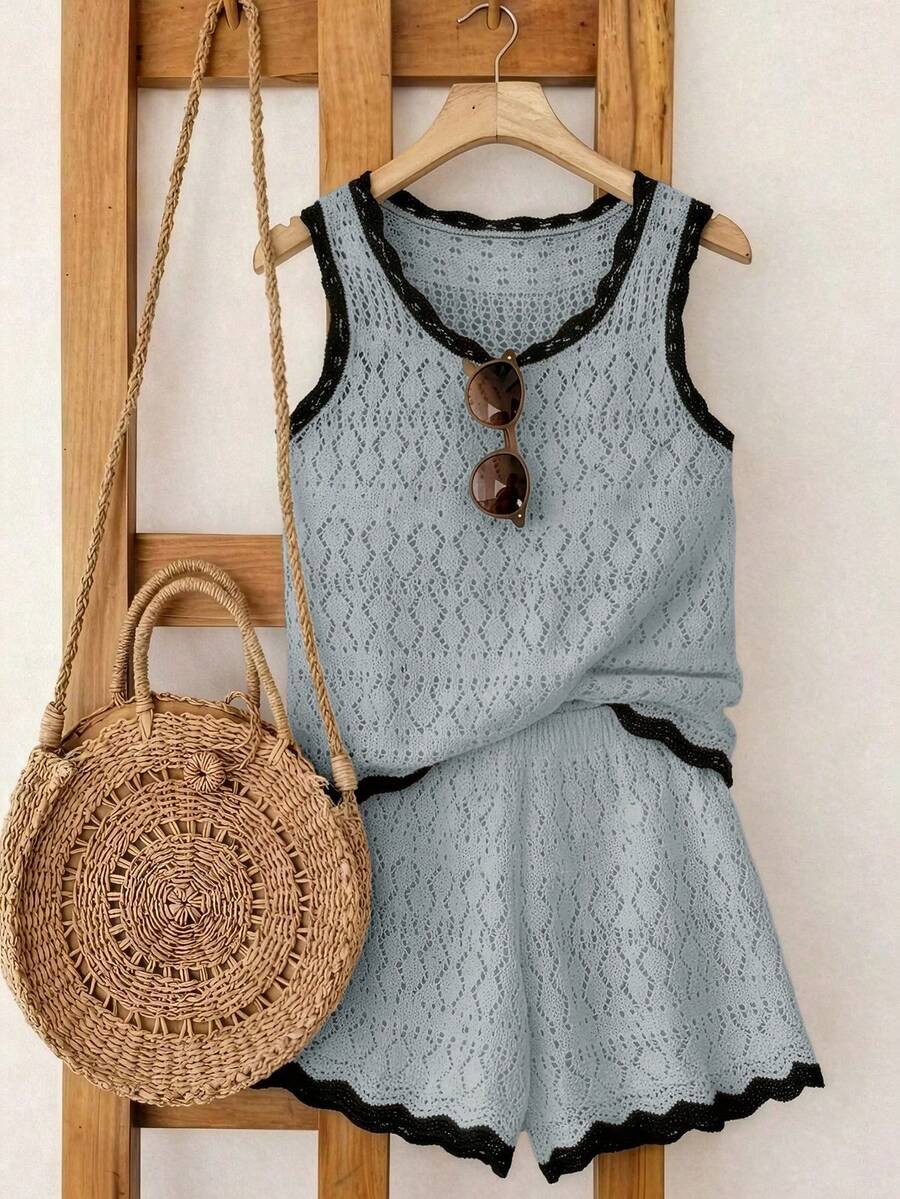 SHEIN Franclia 新款简约夏日度假风优雅镂空波浪领性感吊带背心修身显瘦沙滩度假撞色无袖针织女式毛衣两件套 - 淺灰色 - 查看 1