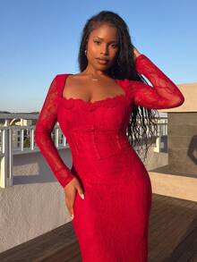 Tyla Gomez 女士新款秋冬派对约会夜性感 S 形蕾丝长袖胸罩杯鱼骨方领紧身连衣裙，黑色 - 酒紅色 - 查看 4