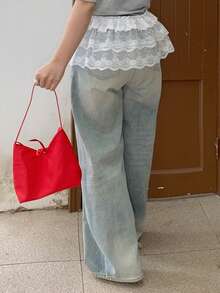 Dazy Plus Chân váy mini xếp ly màu trắng hai lớp buộc dây ren cỡ lớn dành cho mùa hè - trắng - Xem 6