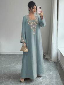 Yasmyna Women's Square Neck Long Sleeve Loose Textured Sequins Embroidered Floral Applique Romantic Elegant Arabic Style Dress - Dusty Blue - View 5