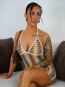 SAYEHFBABY Damen bunte Jacquard-Strick Kontrast-Farbe Rippkante Neckholder rückenfreies Tief-V-Ausschnitt Mini Strandkleid, Boho Kleidung Damen Party - Verschiedenfarbig - Übersicht 5