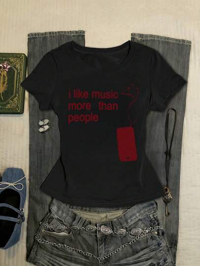 Glimmora Camiseta casual de mujer de cuello redondo y manga corta con estampado de eslogan