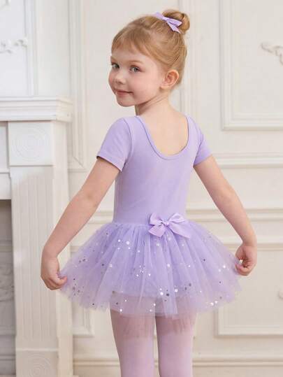 Young Girls' Ballet Short Sleeve Tutu Dress Leotard, Spring/Summer Light Purple Series With Stretchy Fabric, Shiny Mesh For Lightweight And Elegant Look, Suitable For Daily Wear And Ballet Practice