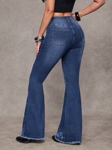 Jeanoix Y2K 女士休闲水洗喇叭牛仔裤 - 中等水洗藍 - 查看 2