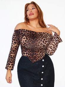 MelDlgn Camiseta asimétrica de mujer con hombros descubiertos y estampado de leopardo para tallas grandes - Multicolor - Ver 3