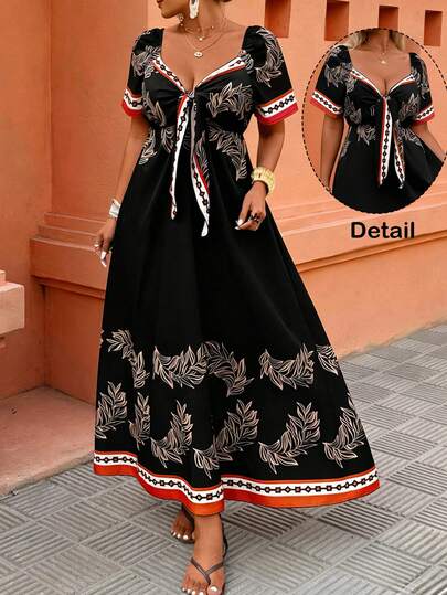 Breezaya Plus Size Women's Printed Woven Fabric Square Neck Short Sleeve Waist Cinched A-Line Loose Casual Everyday Elegant Dress, Suitable For Work, Vacation