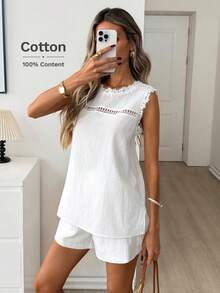 Easowa 100%纯棉圆领蕾丝拼接无袖衬衫搭配松紧腰阔腿短裤，A字休闲宽松优雅通勤度假套装，女士春夏款 - 白色 - 查看 3