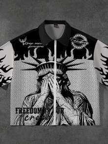 SHEIN 自由女神像与火焰印花领口拉链短袖休闲衬衫，适合青少年男孩 - 彩色 - 查看 3