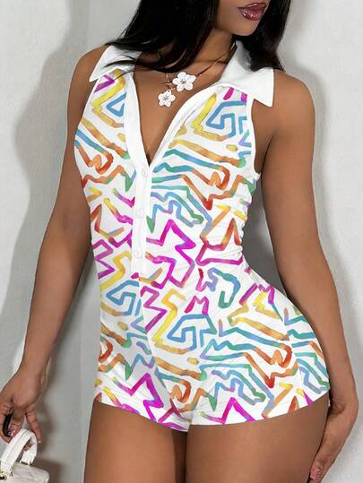 Slaydiva 春夏新款休闲街头风 Polo 领无袖修身迷你连体裤/Y2K/街头风/夜店/性感/适合夏季/返校/外出/嘻哈/俱乐部/网络爆款同款/不规则彩色条纹印花