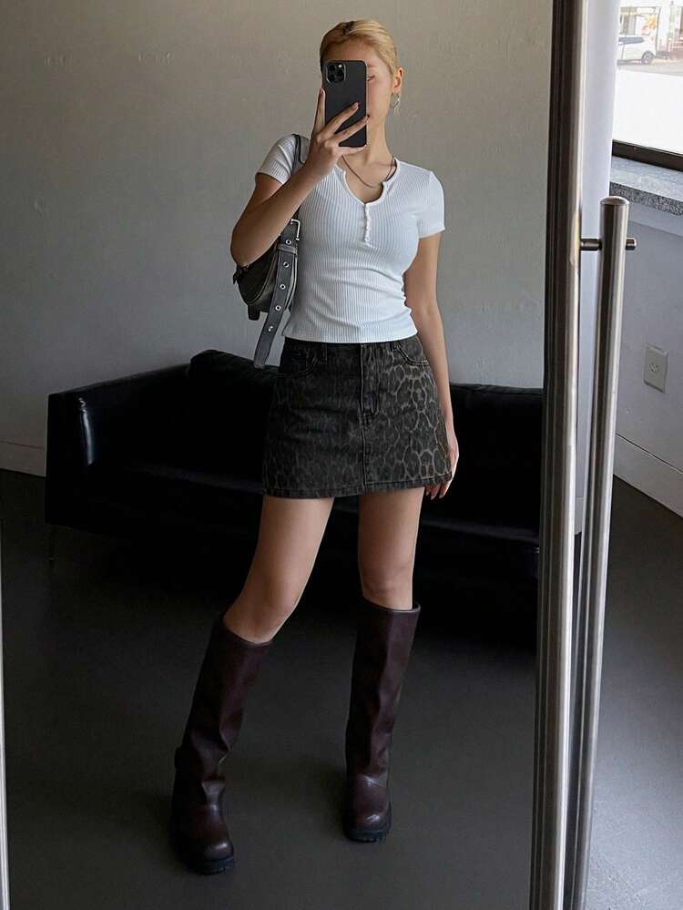 Women Casual Autumn Leopard Print Denim Mini Skirt Jeans Skirt