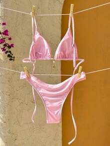 Swim Mod Embroidered Solid Color Tie-Up Bikini Set Bathing Suit Accessories Swimwear - Pink - View 2