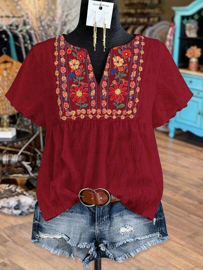 Linhara Plus Size Elegant Embroidery Digital Print Ruffle Sleeve Casual Vacation T-Shirt, Slimming Effect, Spring/Summer Women's Tops And Blouses Boho Tops Women Women's Tops For Summer Boho Chic Women's Clothing