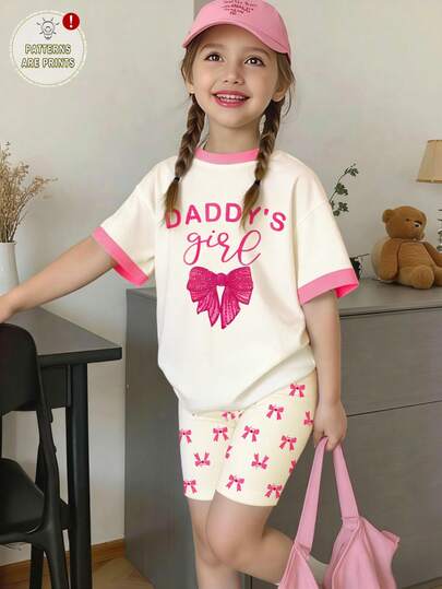 4-7 Years Old Girls' Contrast Color Collar & Sleeve + English Butterfly Print T-Shirt + Butterfly All-Over Print Leggings Shorts Jogging 2pcs Set, Gentle Style Girls' Outfit, Comfortable 2pcs Set, Sweet Style, Fashion Forward, Princess Exclusive!