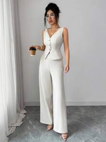 Women's Spring/Summer/Autumn Business Casual Commuting Minimalist Solid Color Asymmetric Sleeveless Vest And Wide Leg Pants 2-Piece Set - Apricot - View 1