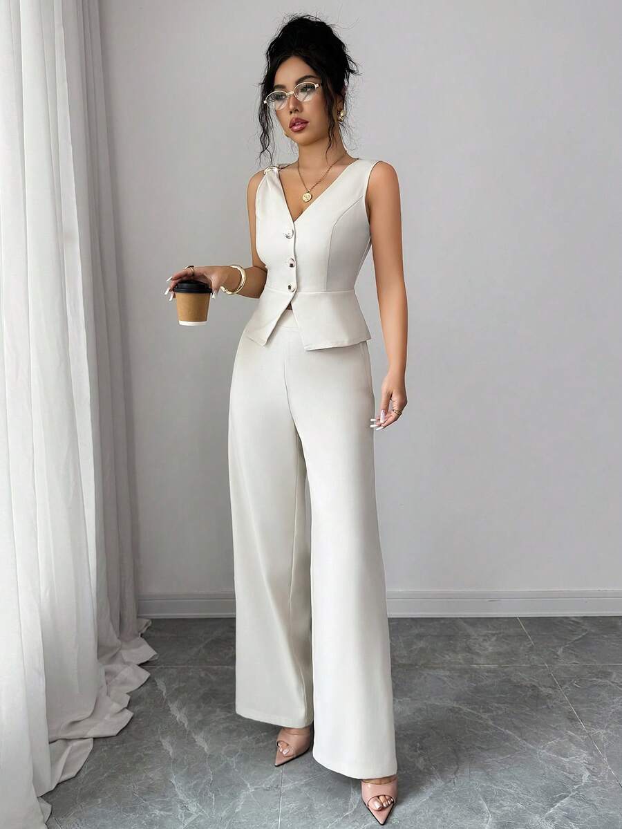 Women's Spring/Summer/Autumn Business Casual Commuting Minimalist Solid Color Asymmetric Sleeveless Vest And Wide Leg Pants 2-Piece Set - Apricot - View 1
